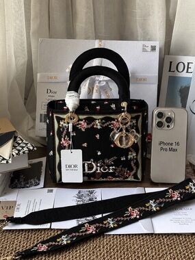 Dior Black Floral Embroidered Small Lady Satchel